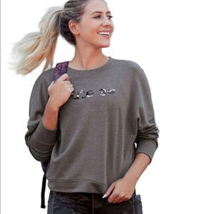 Fabletics Gray Terrycloth Croped Long Sleeves Crewneck   Light Sweatshirt Camo L